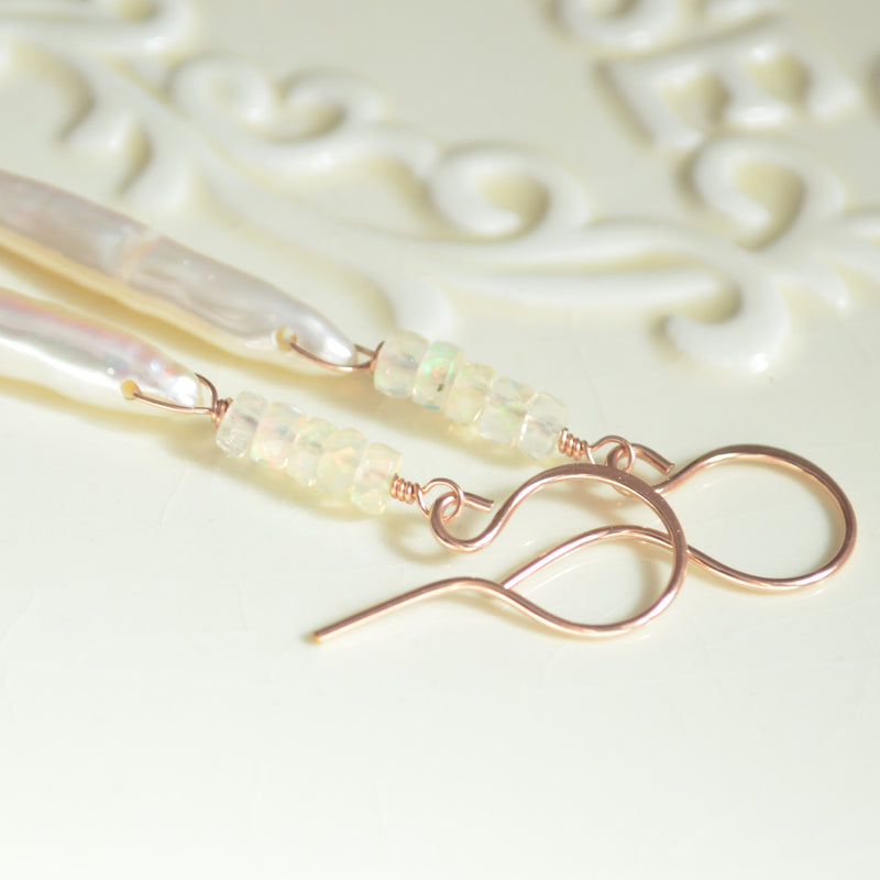White Stick Pearl Earrings with Real Opals