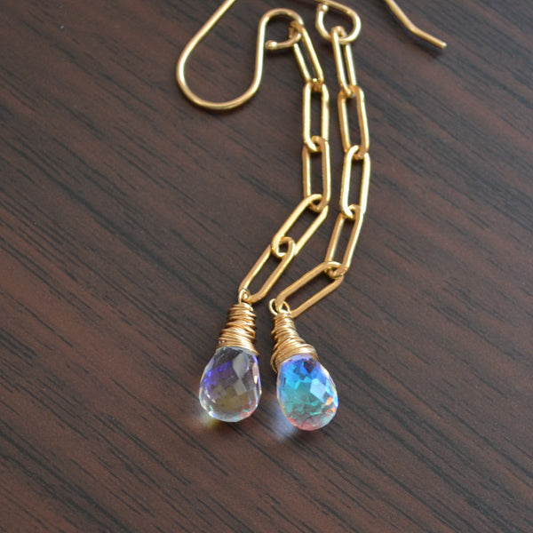 Rainbow Quartz Earrings with Gold Paperclip Chain