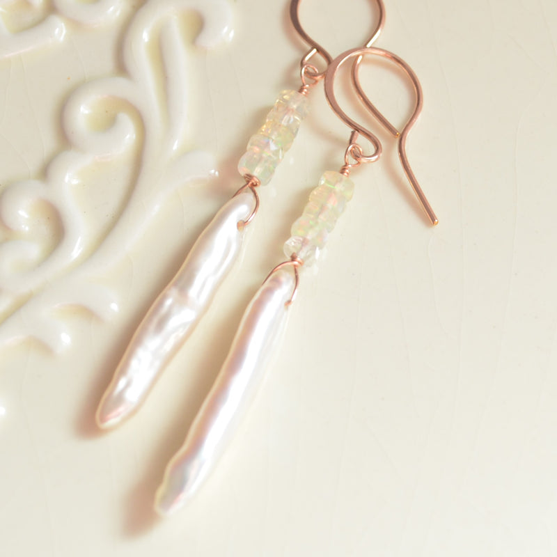 White Stick Pearl Earrings with Real Opals