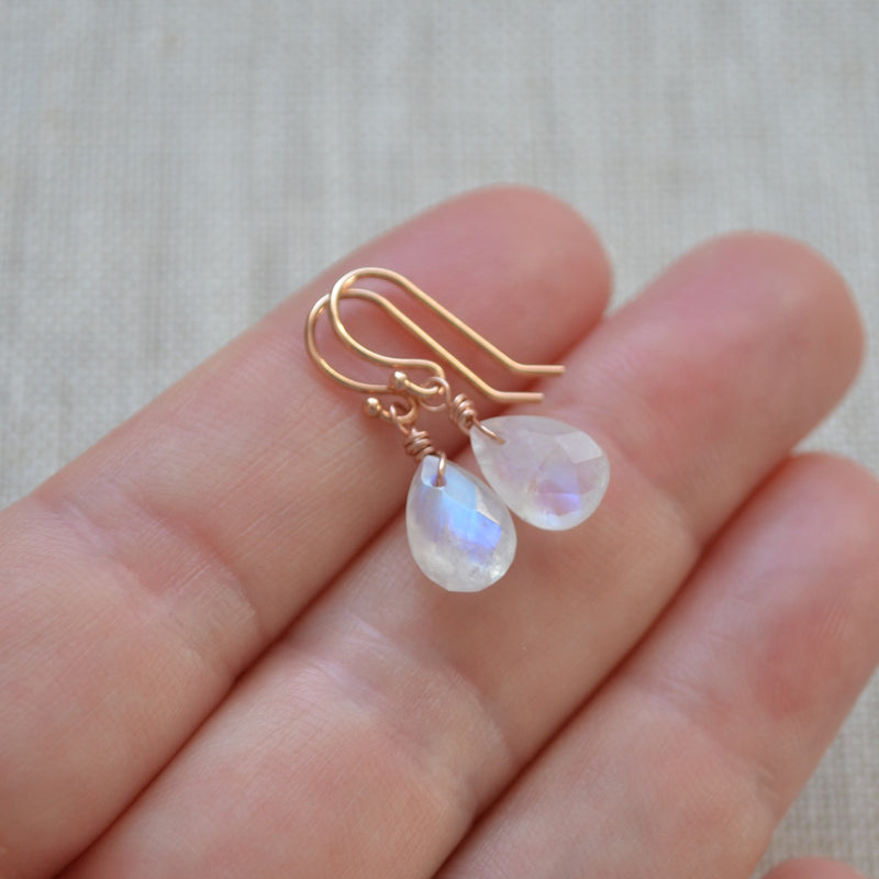 Dainty Rainbow Moonstone Earrings in Rose Gold