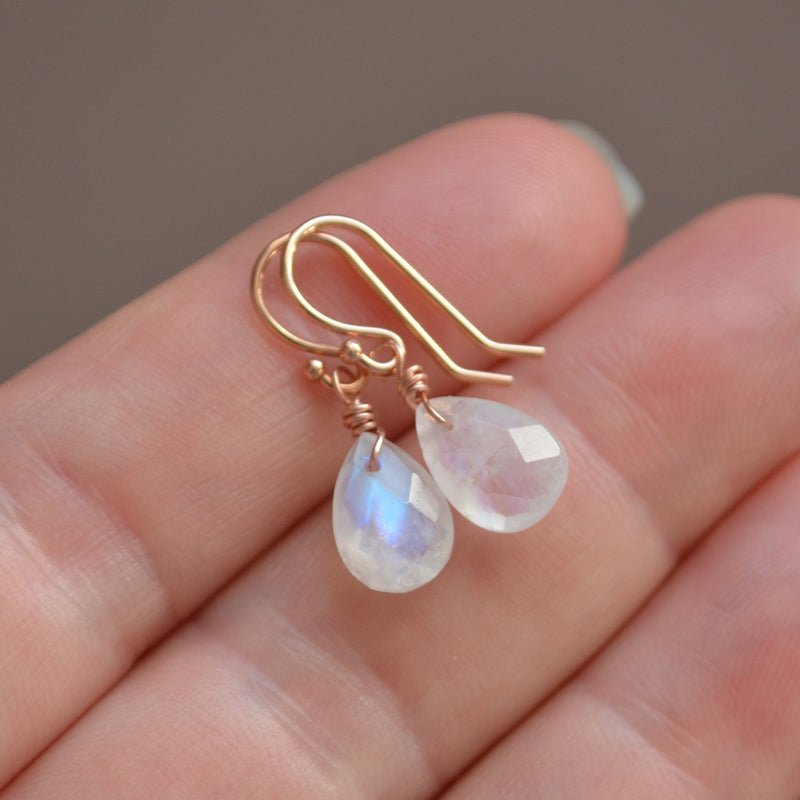 Dainty Rainbow Moonstone Earrings in Rose Gold