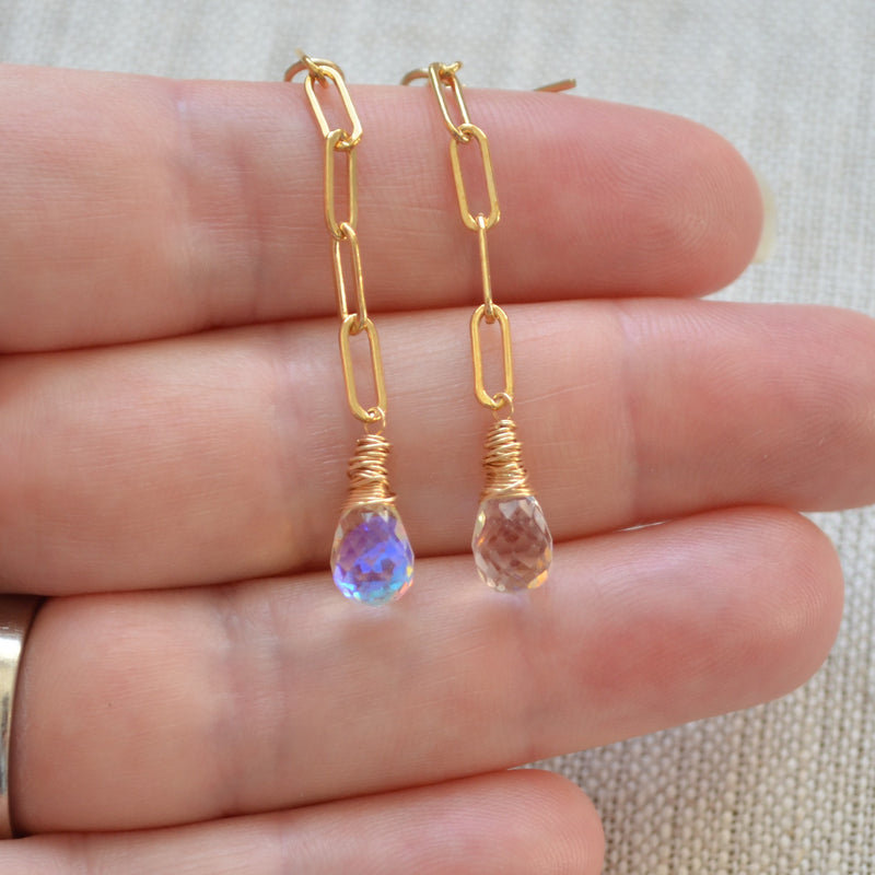 Rainbow Quartz Earrings with Gold Paperclip Chain