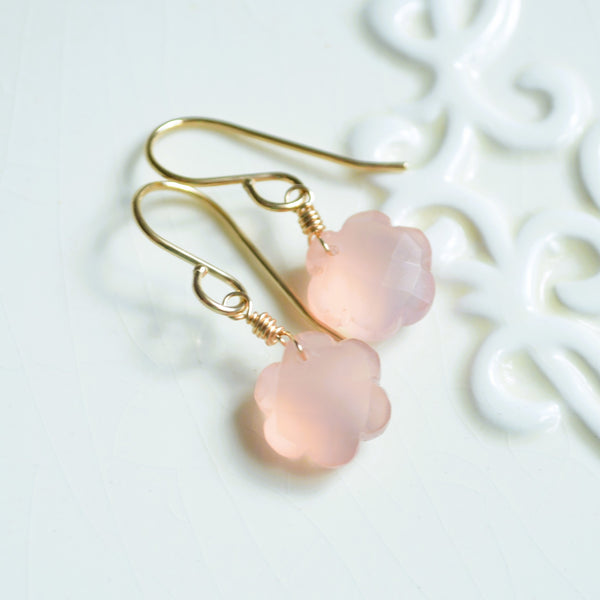 Blush Pink Flower Chalcedony Earrings in Gold