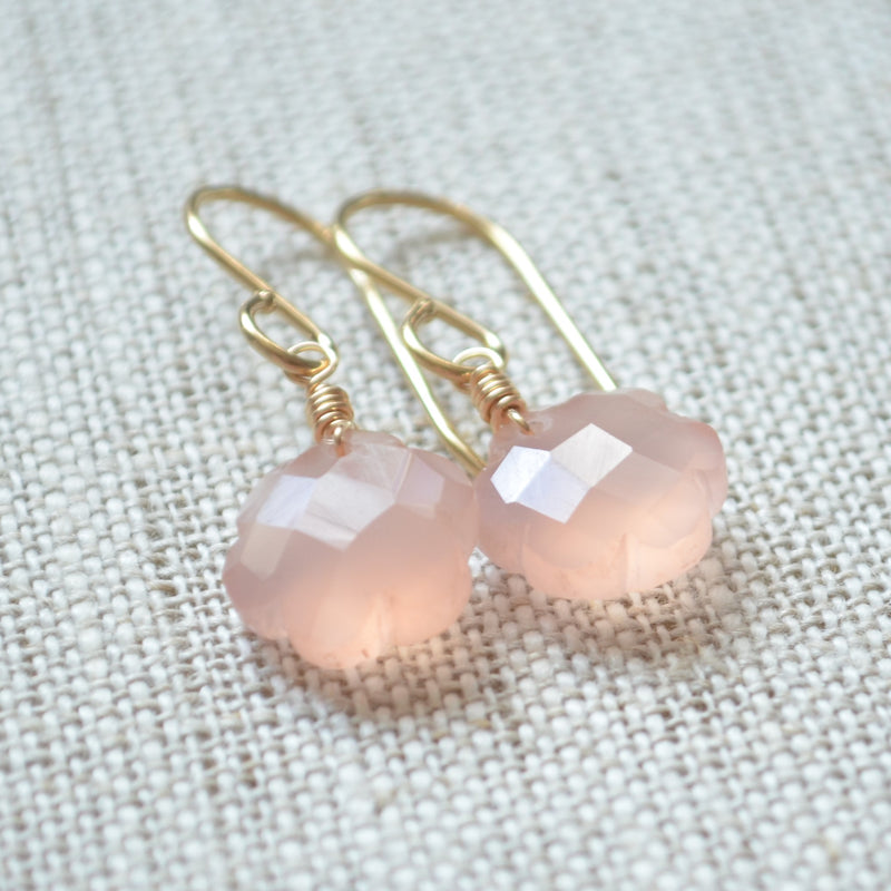 Blush Pink Flower Chalcedony Earrings in Gold