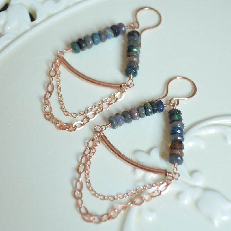 Black Opal Chandelier Earrings in Rose Gold