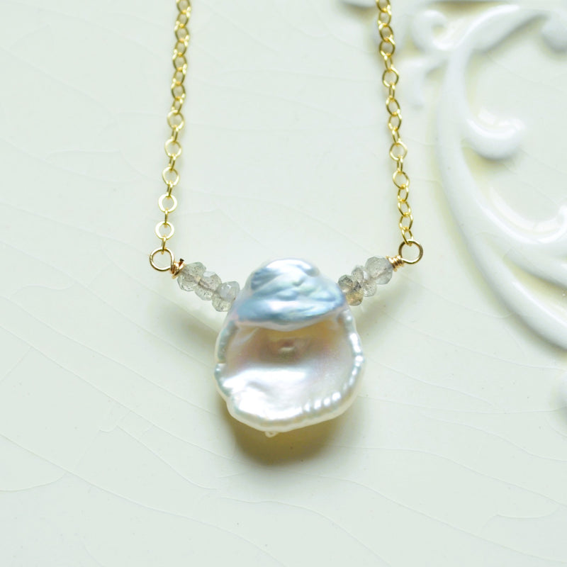 White Keishi Pearl Necklace with Labradorite