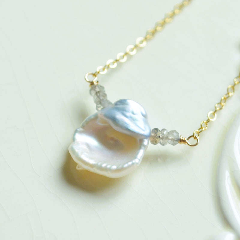 White Keishi Pearl Necklace with Labradorite