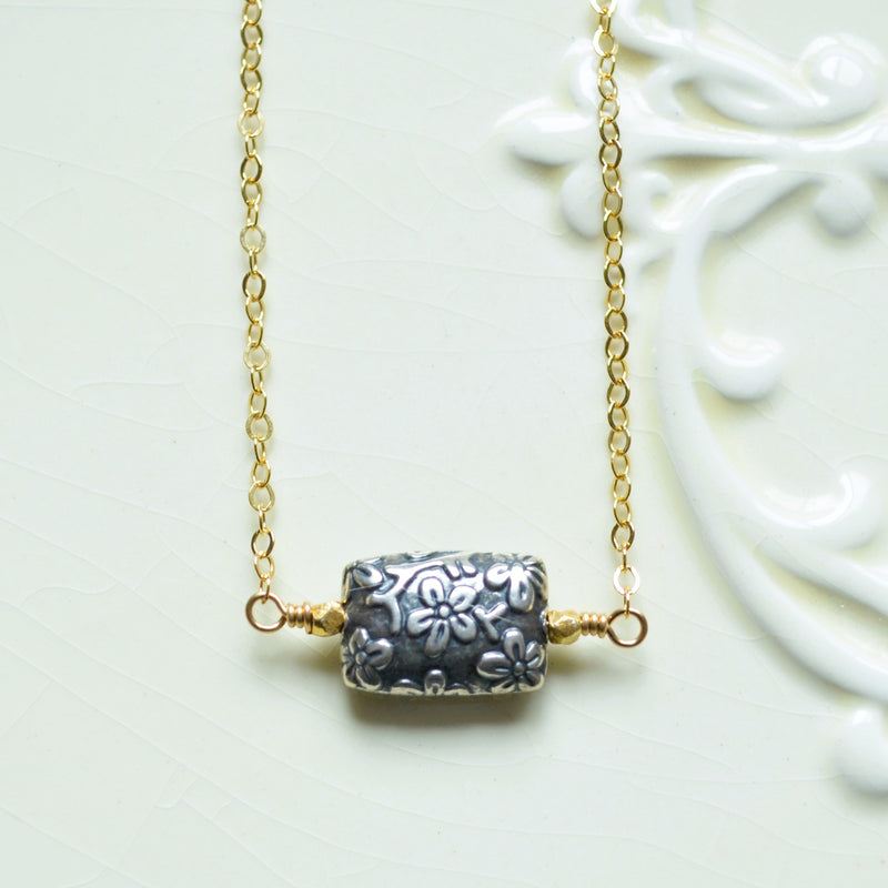 Gold Choker Necklace with Silver Floral Bead