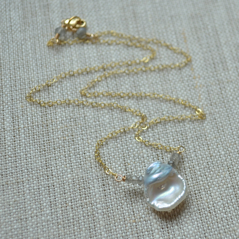 White Keishi Pearl Necklace with Labradorite