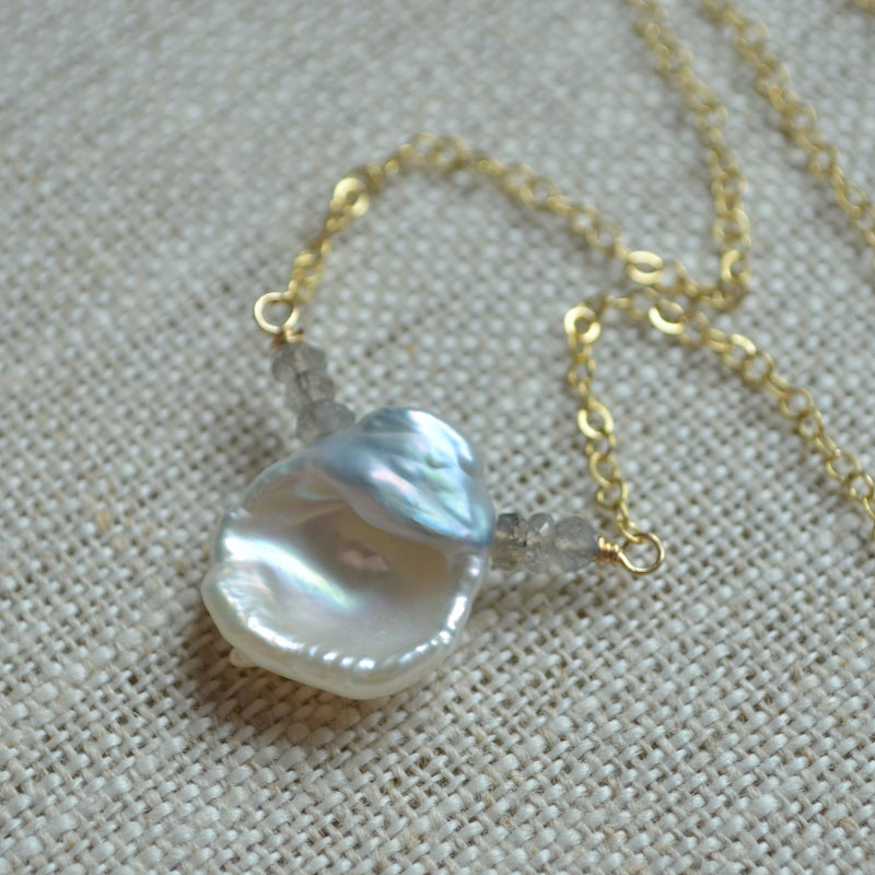 White Keishi Pearl Necklace with Labradorite