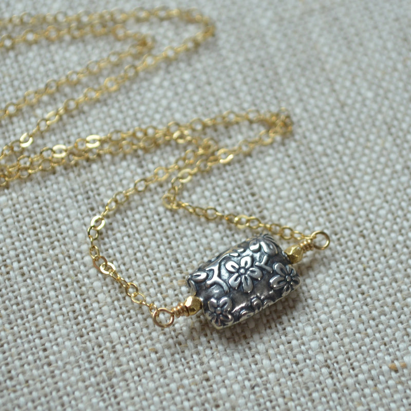 Gold Choker Necklace with Silver Floral Bead