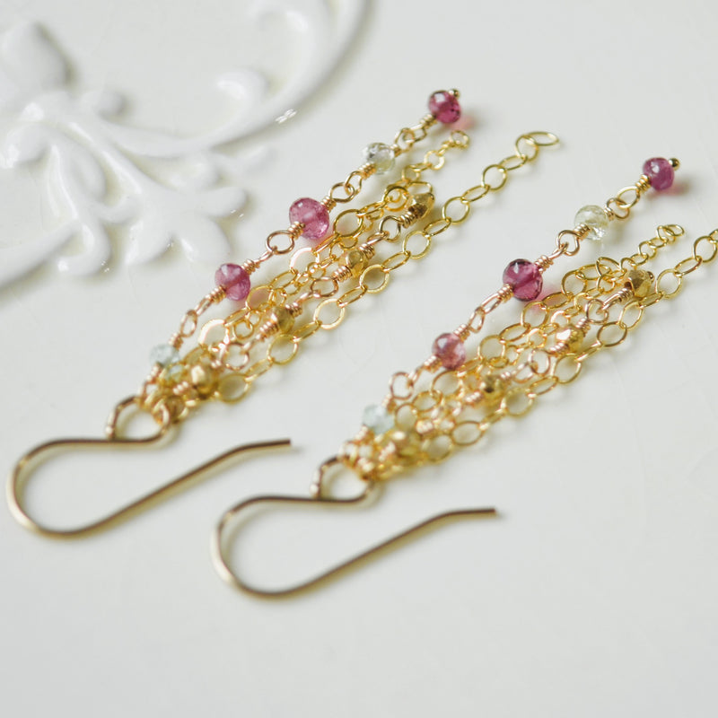 Gold Chain Earrings with Genuine Tourmaline Gemstones