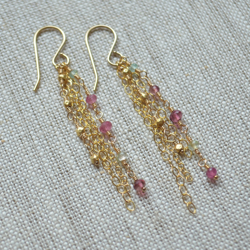 Gold Chain Earrings with Genuine Tourmaline Gemstones