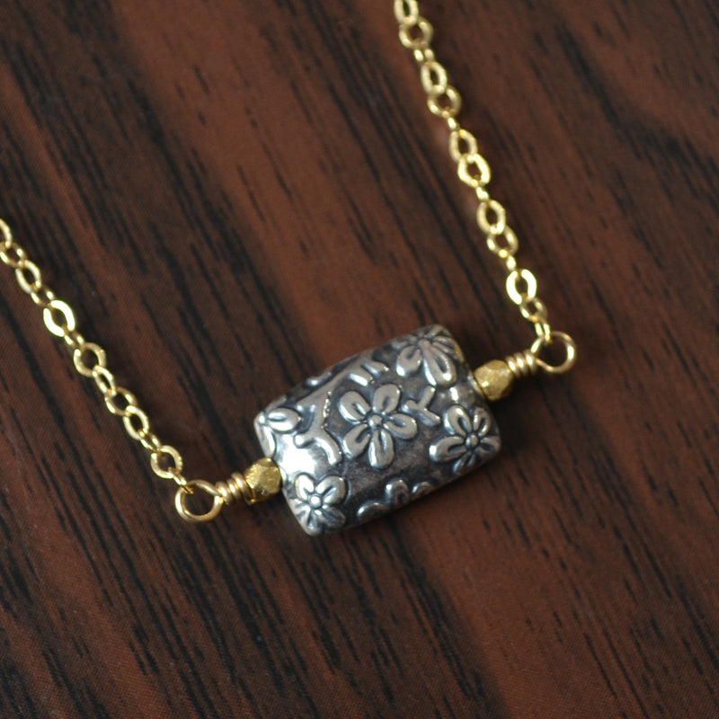 Gold Choker Necklace with Silver Floral Bead