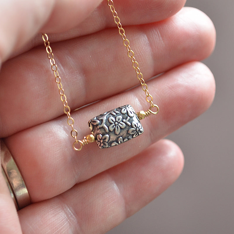 Gold Choker Necklace with Silver Floral Bead