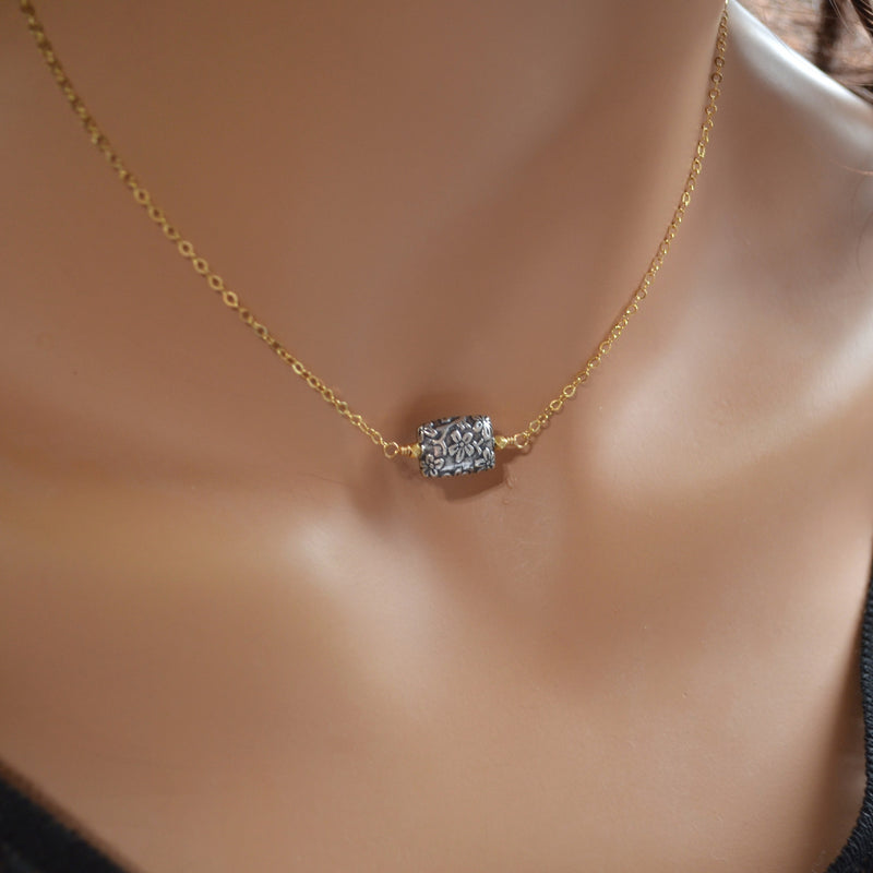 Gold Choker Necklace with Silver Floral Bead