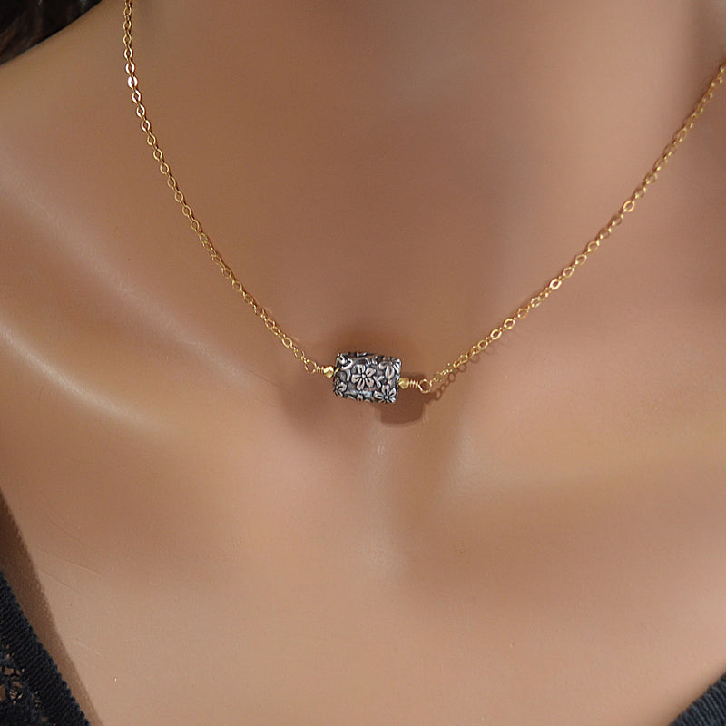 Gold Choker Necklace with Silver Floral Bead