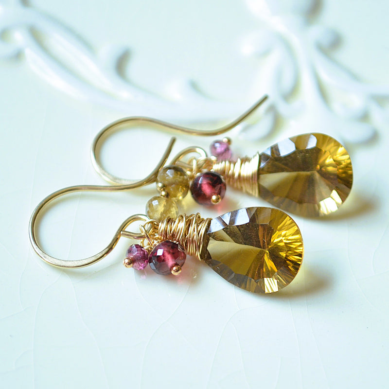 Beer Quartz Earrings with Rhodolite Garnets in Gold