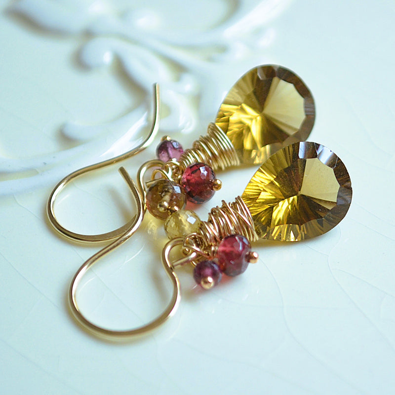 Beer Quartz Earrings with Rhodolite Garnets in Gold