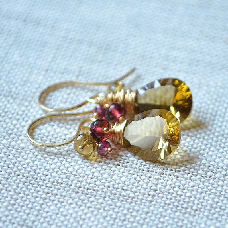 Beer Quartz Earrings with Rhodolite Garnets in Gold