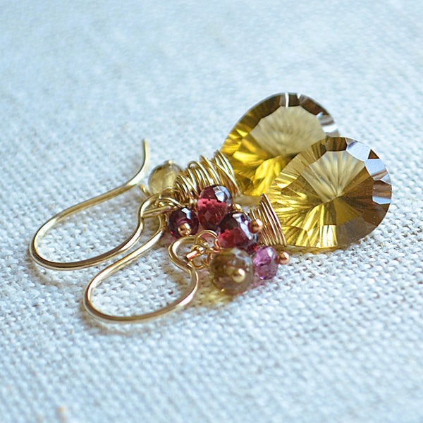 Beer Quartz Earrings with Rhodolite Garnets in Gold