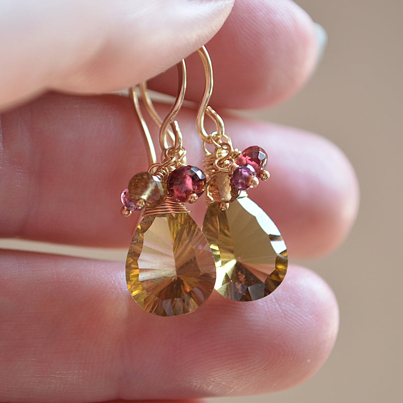 Beer Quartz Earrings with Rhodolite Garnets in Gold