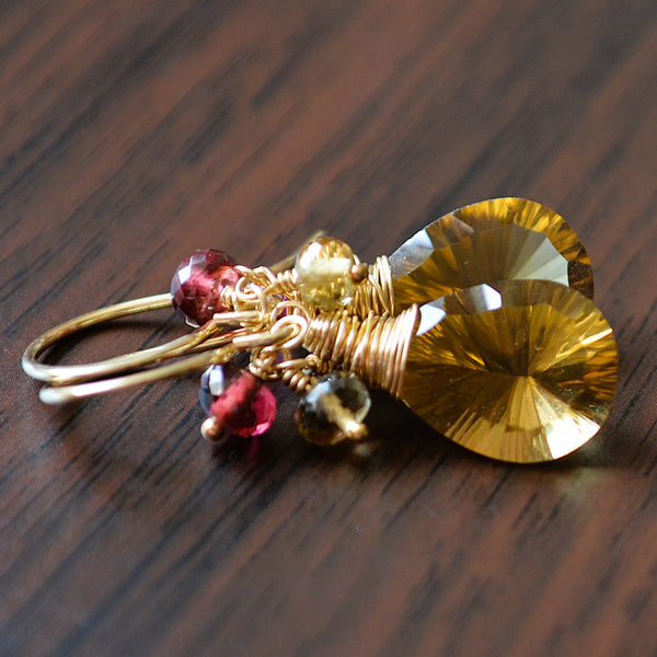 Beer Quartz Earrings with Rhodolite Garnets in Gold