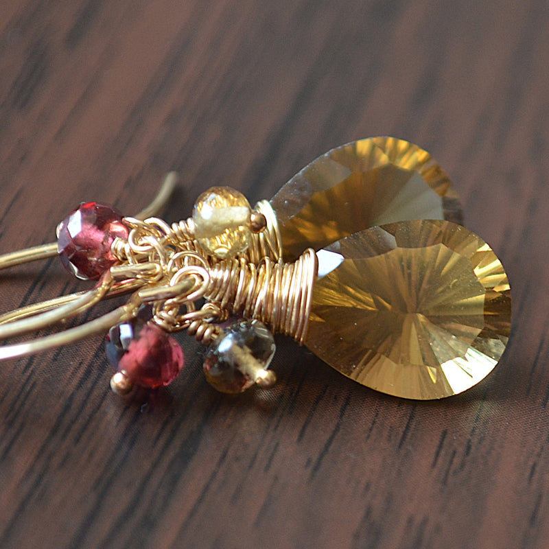 Beer Quartz Earrings with Rhodolite Garnets in Gold