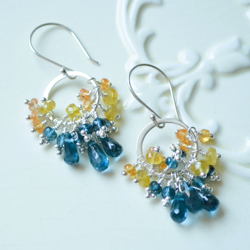 London Blue Topaz Earrings with Orange and Yellow Sapphires