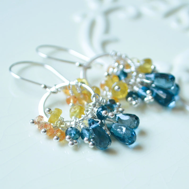 London Blue Topaz Earrings with Orange and Yellow Sapphires