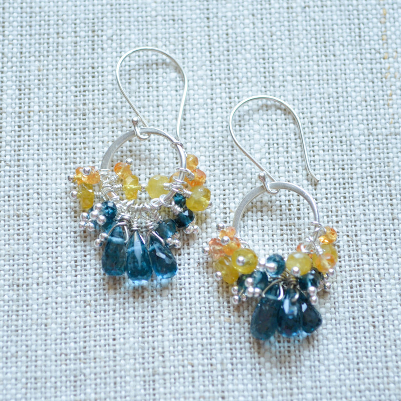 London Blue Topaz Earrings with Orange and Yellow Sapphires
