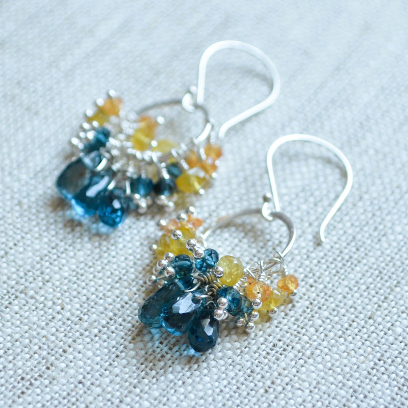 London Blue Topaz Earrings with Orange and Yellow Sapphires