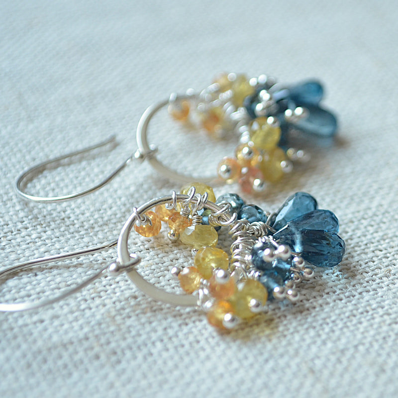 London Blue Topaz Earrings with Orange and Yellow Sapphires