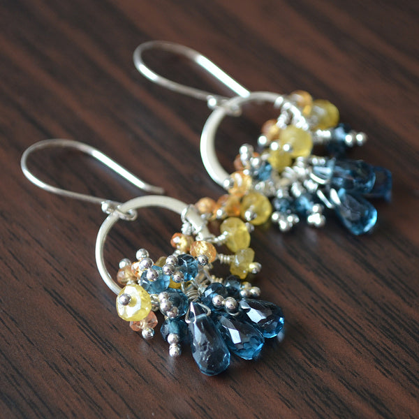 London Blue Topaz Earrings with Orange and Yellow Sapphires