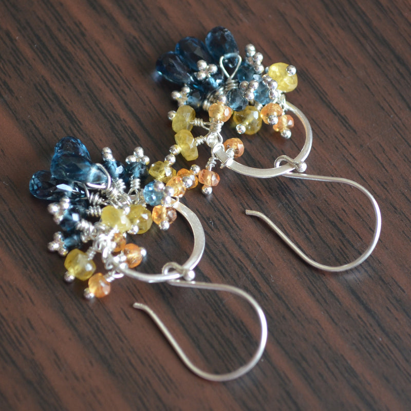 London Blue Topaz Earrings with Orange and Yellow Sapphires