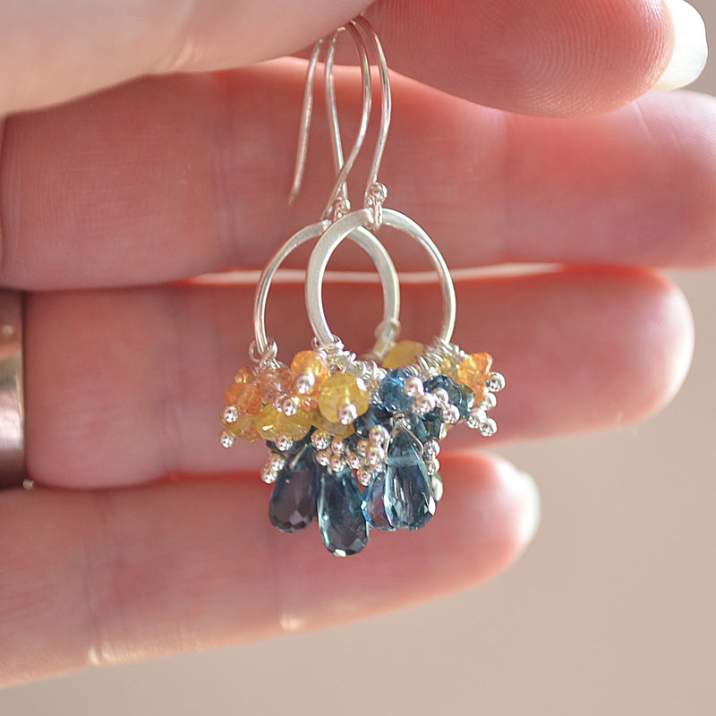 London Blue Topaz Earrings with Orange and Yellow Sapphires