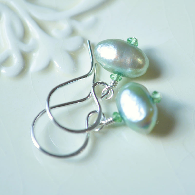 Sage Green Pearl Earrings with Tsavorite Garnets