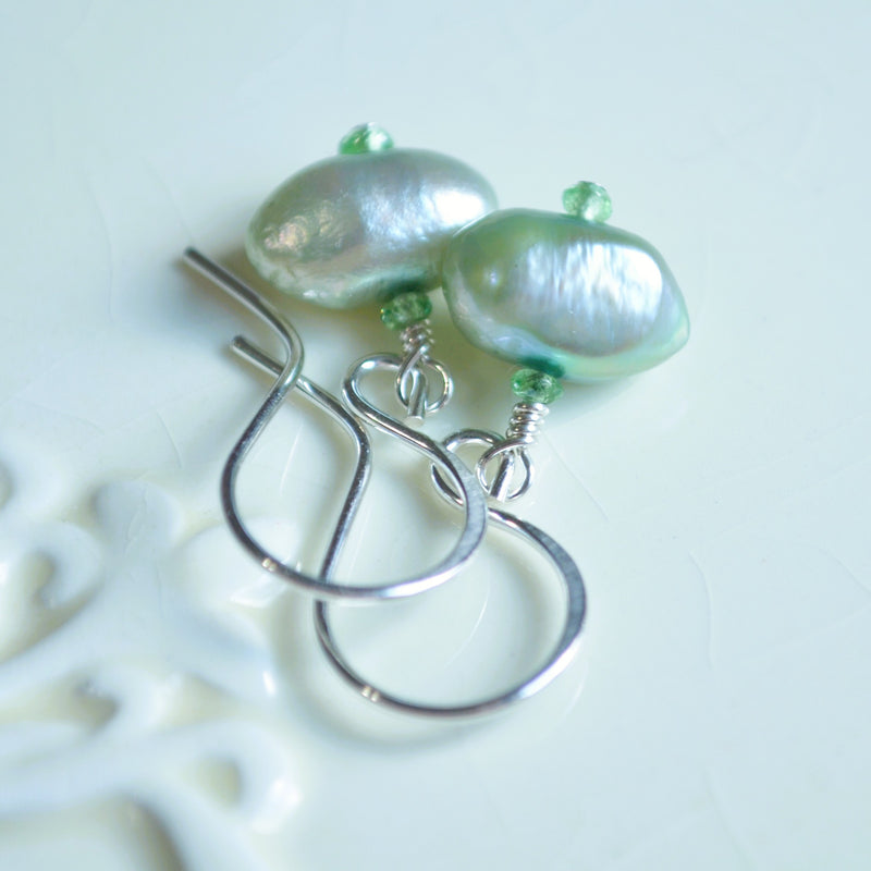 Sage Green Pearl Earrings with Tsavorite Garnets