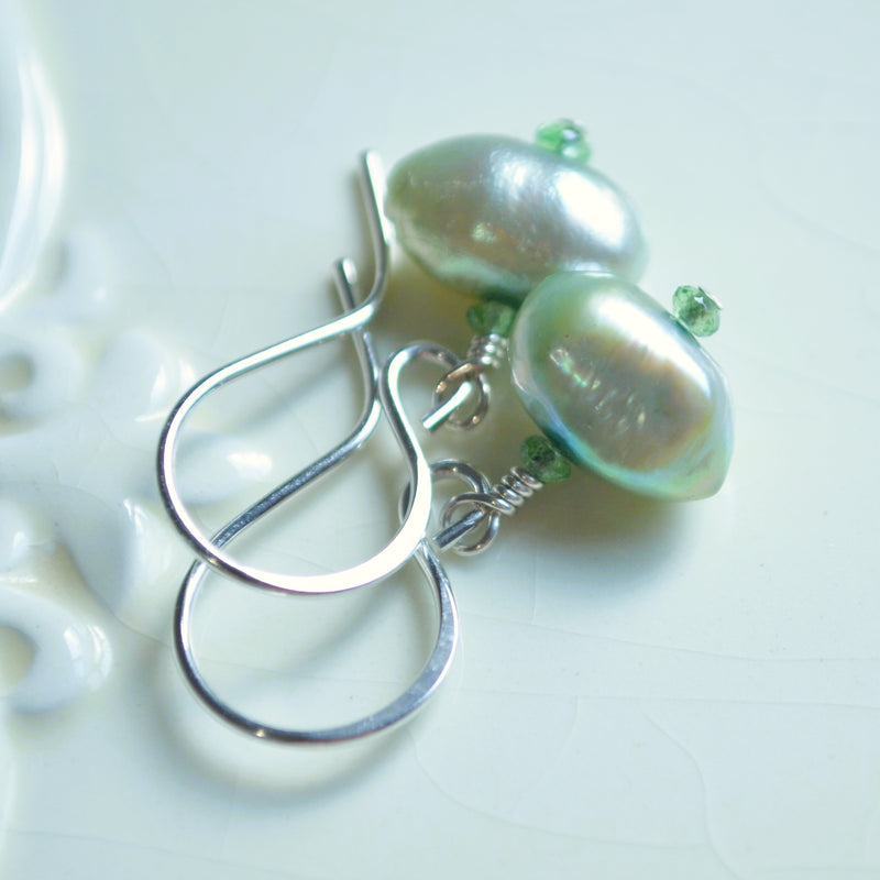 Sage Green Pearl Earrings with Tsavorite Garnets
