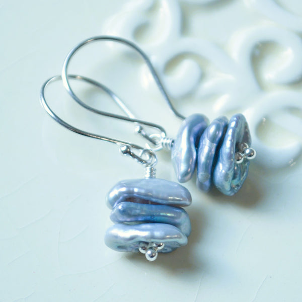 Denim Blue Keshi Pearl Earrings in Sterling Silver