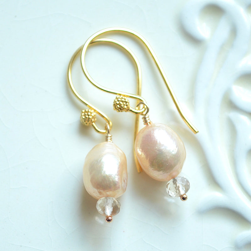 Champagne Pearl Earrings in Gold with Ametrine