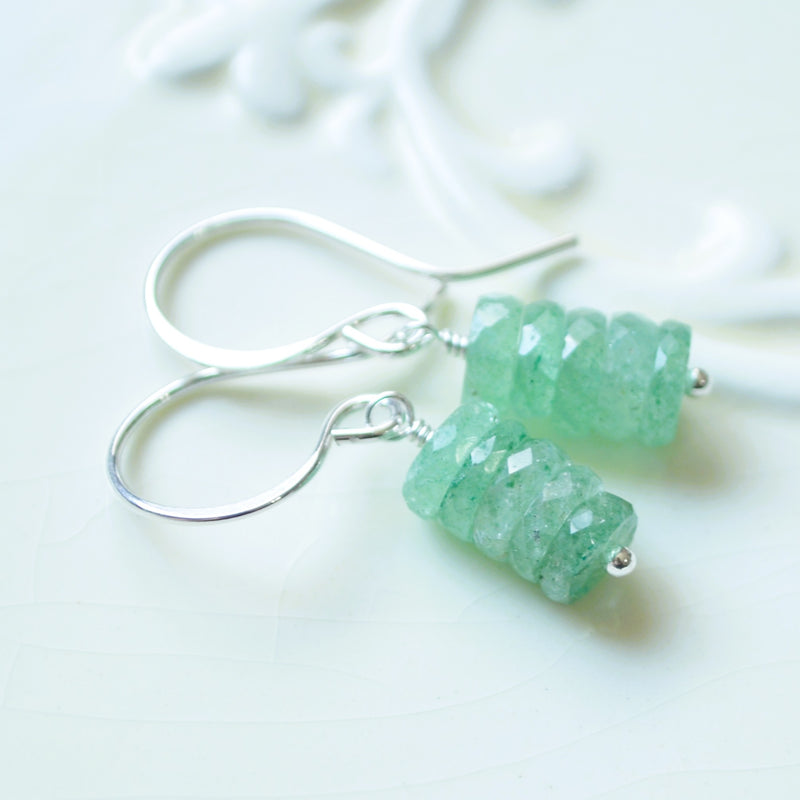 Green Drop Earrings with Strawberry Quartz in Sterling Silver
