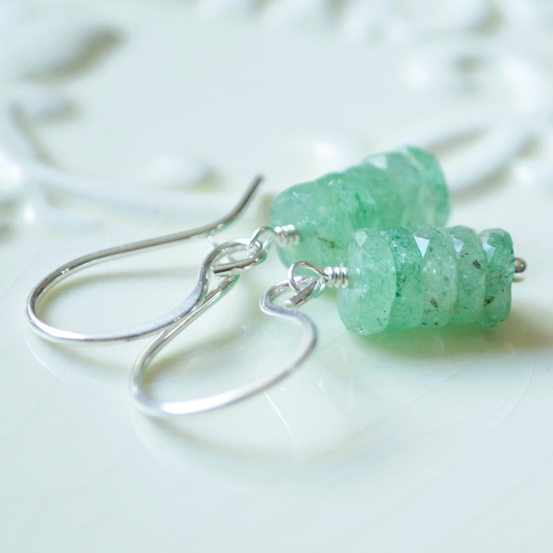 Green Drop Earrings with Strawberry Quartz in Sterling Silver