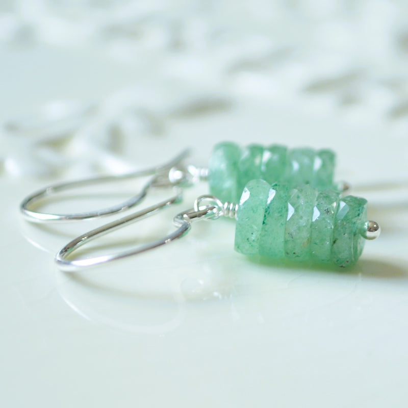 Green Drop Earrings with Strawberry Quartz in Sterling Silver