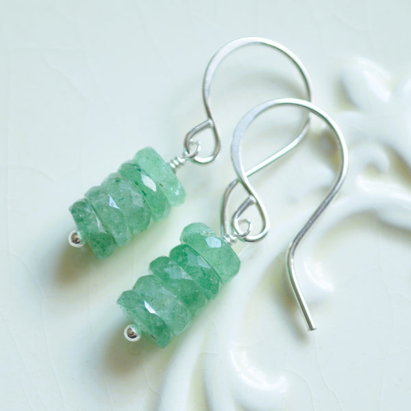 Green Drop Earrings with Strawberry Quartz in Sterling Silver