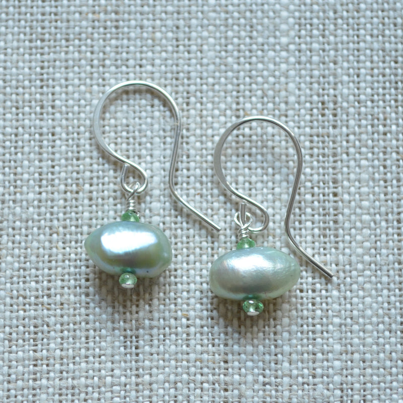 Sage Green Pearl Earrings with Tsavorite Garnets