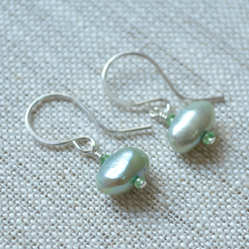 Sage Green Pearl Earrings with Tsavorite Garnets