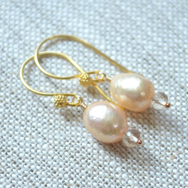 Champagne Pearl Earrings in Gold with Ametrine