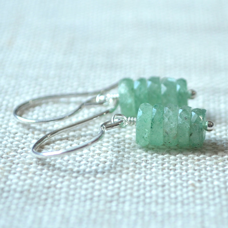 Green Drop Earrings with Strawberry Quartz in Sterling Silver
