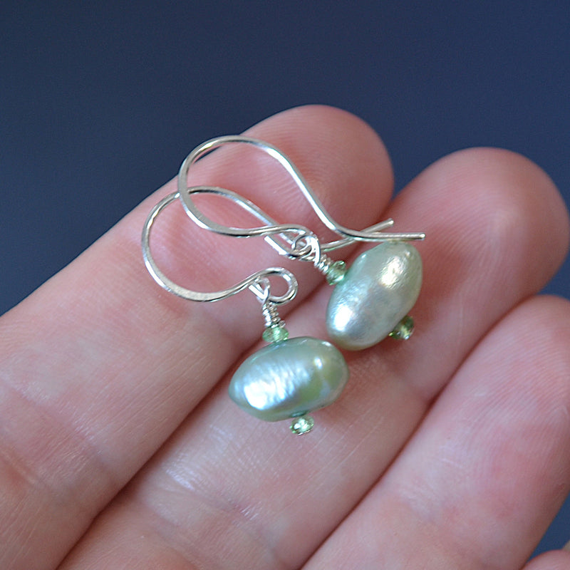 Sage Green Pearl Earrings with Tsavorite Garnets